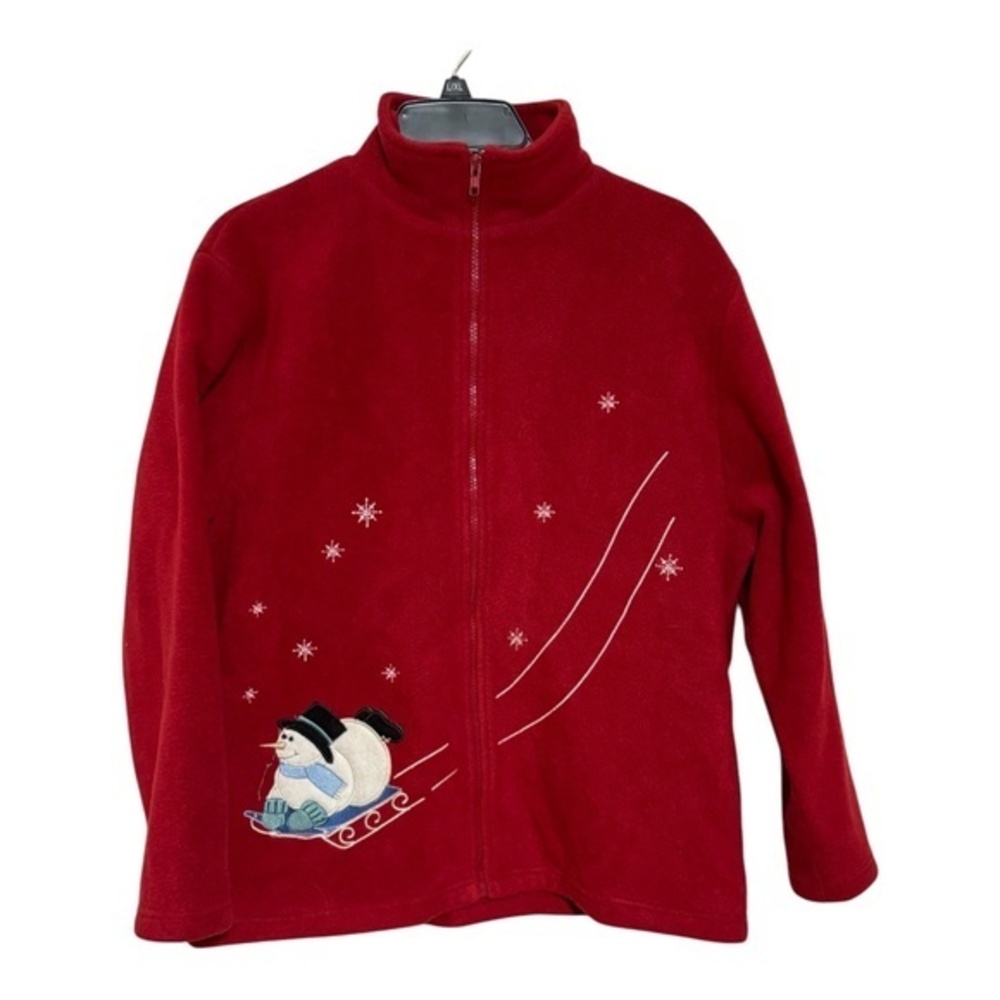 Juli Womens Red Fleece Full Zip Jacket Cardigan Snowman Patchwork Size M